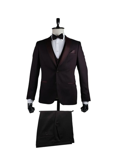 İmza Bordo Desenli Armürlü Mono Yaka Astarlı Yelekli 6 Drop Slim Fit Dar Kesim Smokin Damatlık 1001200937-Bordo İmza Bordo Desenli Armürlü Mono Yaka Astarlı Yelekli 6 Drop Slim Fit Dar Kesim Smokin Damatlık 1001200937-Bordo