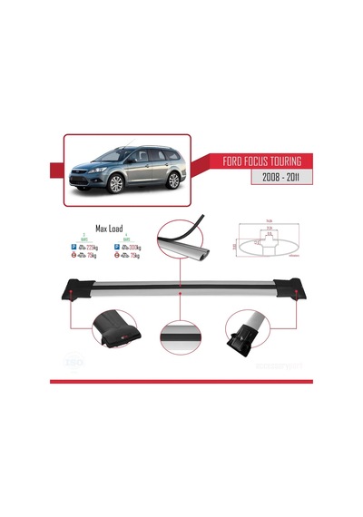Ford Focus Tourıng 2008-2011 Arası İle Uyumlu Fly Model Ara Atkı Tavan Barı Gri 3 Adet Bar