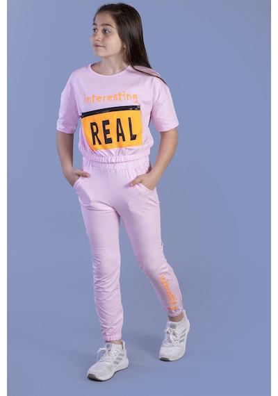 Toontoy Kız Çocuk Crop Model Cep Detaylı Baskılı Eşofman Takımı Pembe