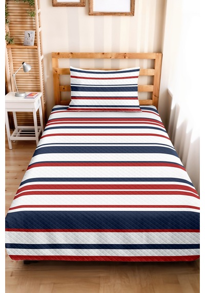 Çizgili Lacivert Genç Odası Tek Kişilik Pike Takımı-kırmızı Marine 160x220 Cm Kapitone Yatak Örtüsü Esintili Taş Geçişi