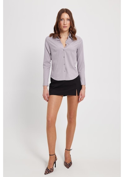 Tudors Kadın Slim Fit Dar Kesim Klasik Yaka Uzun Kollu Gri Gömlek-40354 Gri