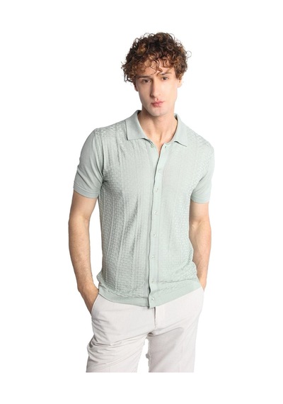 Açık Yeşil Slim Fit Dar Kalıp Düğmeli Polo Yaka Desenli Kısa Kollu Triko Tişört-16318 Yeşil