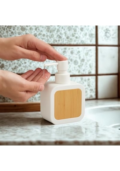 Mat Antrasit Sabunluk Ahşap Desenli Lüks, Ergonomik Tasarım, Ahşap Dispenser Beyaz 000 Açık Krem