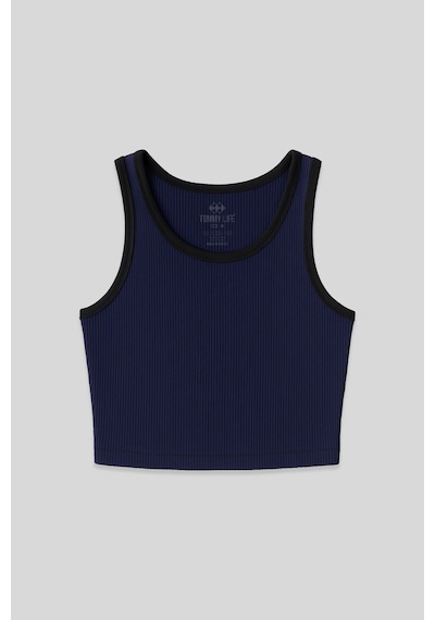 Tommy Life İndigo Basic Sıfır Kol Dar Kalıp U Yaka Kadın Crop Top Atlet - 97160 İndigo