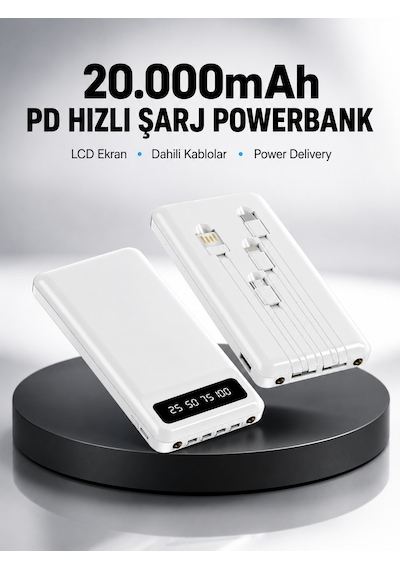 Led Işıklı 20.000mah Powerbank Lcd Gösterge Dahili Çoklu Kablo Yeni Nesil - Lisinya Beyaz