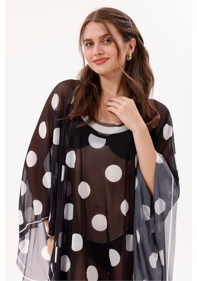 Tarzını Seç Kısa Kimono Pareo - Tesettür Pareo - Puantiyeli Siyah 180x135 Cm Çok Renkli