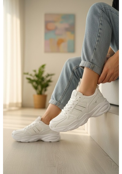 Enoch Kadın Klasik Şeritli Ve Kalın Tabanlı Rahat Günlük Sneaker Spor Ayakkabı Beyaz