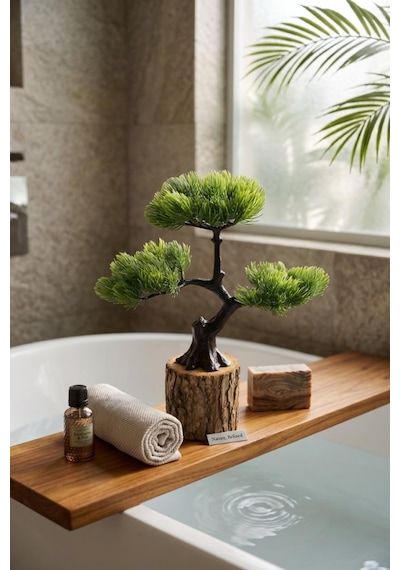 Yapay Çiçek Bonsai Ağacı Kütük Saksıda 3katlı Dekoratif Yapay Ağaç Bonzai 30 25cm Yeşil