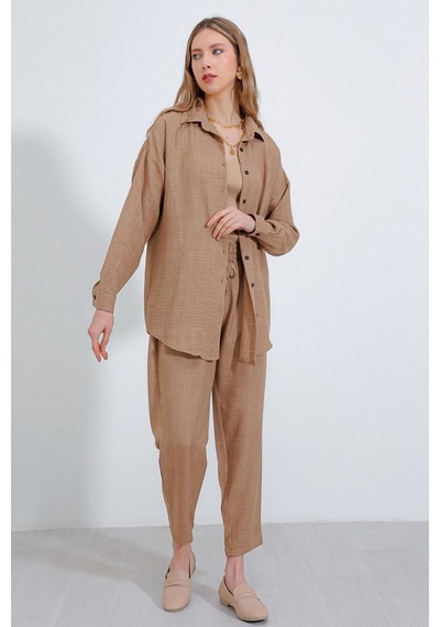 Bigdart Kadın Camel Oversize Keten Alt Üst Takım 6622 6622bgd19-278-14415 001