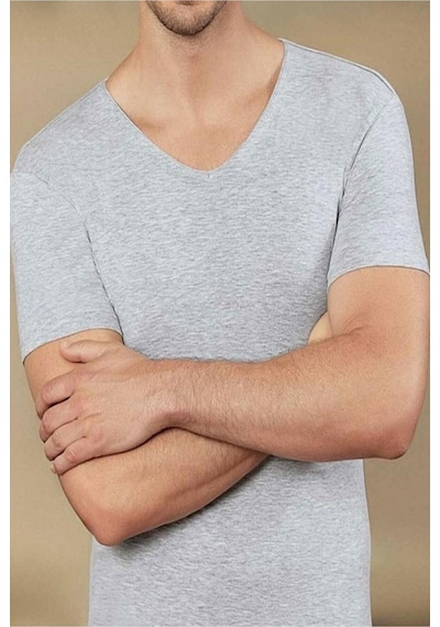 Hmd 712 Derin V Yaka Kısa Kollu Likralı T-shirt - Gri Gri