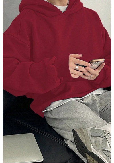 Tarz Cool Erkek Kapüşonlu Oversize Sweatshirt Bordo