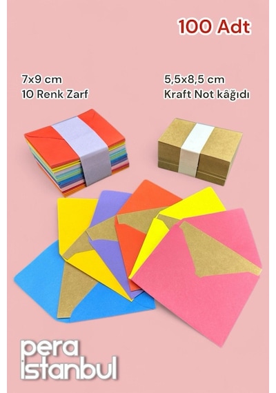 100 Adet Mini Zarf 70mmx90mm 10 Renk Zarf Hediye Doğum Günü Dilekleri Zarfı Kraft Not Kartlı