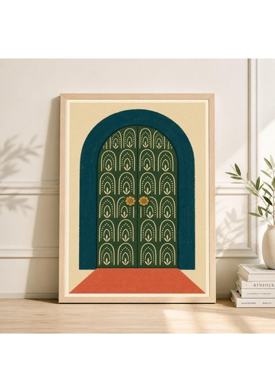 Yeşil Kemerli Kapı Posteri Geometrik Desen İllüstrasyonu Modern Mimari Duvar Sanatı
