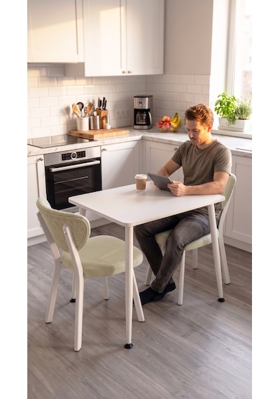 Belek Serisi Mdf Sabit 60x90 Beyaz Mutfak Masası Takımı 2 Adet Sandalye Beyaz Masa Krem Sandalye
