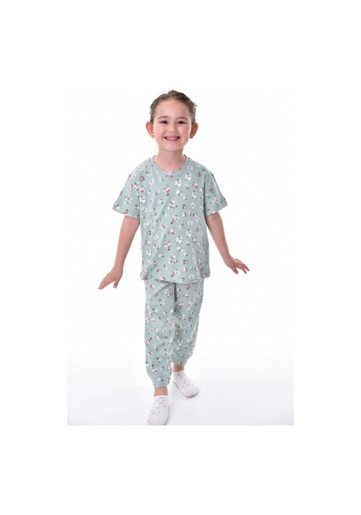 Kız Çocuk Yazlık Pamuklu Pijama Takımı Çiçek Desenli, Kısa Kollu, Konforlu Yeşil