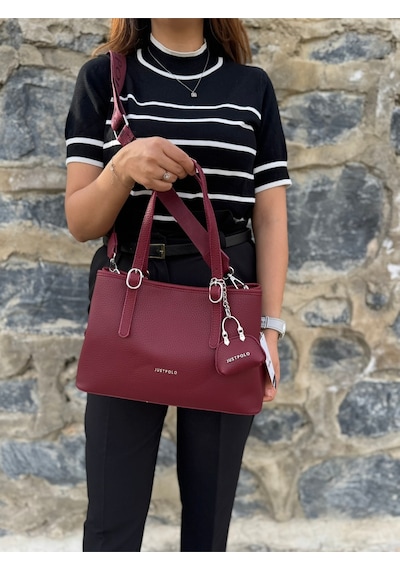 Just Polo Kadın Orijinal Just Polo Yumuşak Deri Ayarlanabilir Askılı Lüks El & Omuz Çantası Shoulder Bag Bordo
