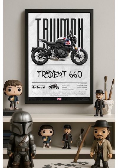 Triump Trident 660 Siyah Ahşap Çerçeveli Poster, Dekoratif Motosiklet Duvar Tablosu