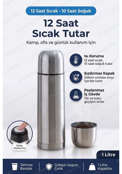 Sıcak Tutan 1 Litre Çelik Termos Kamp Piknik Seyahat Ve Ofis Kullanımı Gri