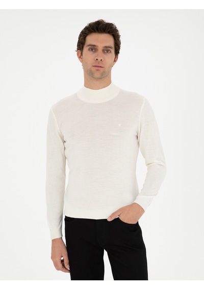 Cacharel Beyaz Slim Fit Yün Karışımlı Yarım Balıkçı Yaka Basic Triko Kazak