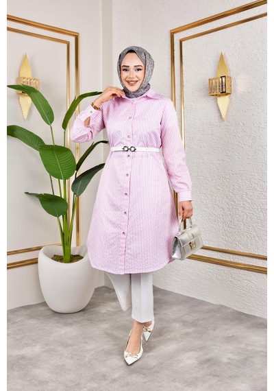 Harmatime Kemerli Çizgili Keten Gömlek Pembe