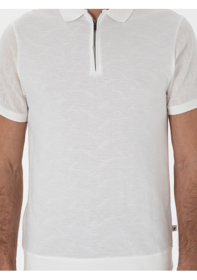 Ekru Regular Fit Fermuarlı Polo Yaka Desenli T-shirt Bej