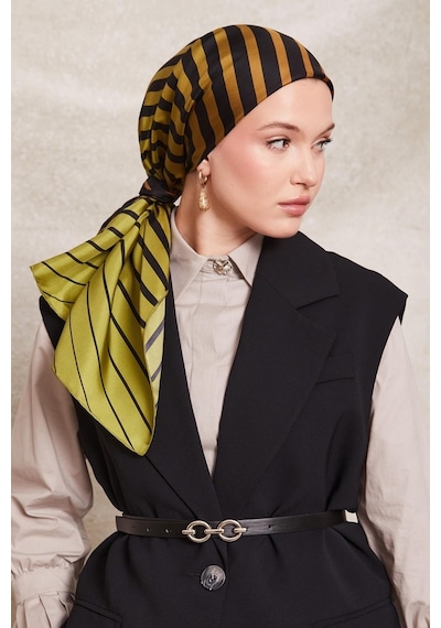 Levidor Şerit Desen Twill İpek Eşarp-0909 Fıstık Yeşili