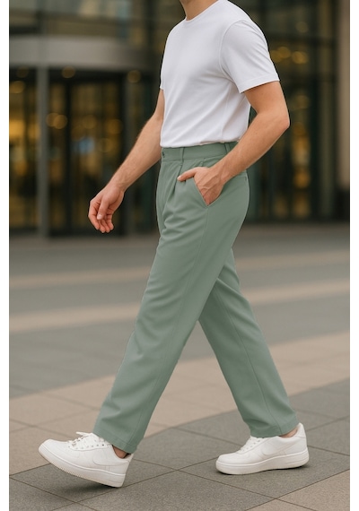 Cedy Denim Yüksek Kalite Erkek Yüksek Bel Pileli Baggy Chino Pantolon C358 Yeşil