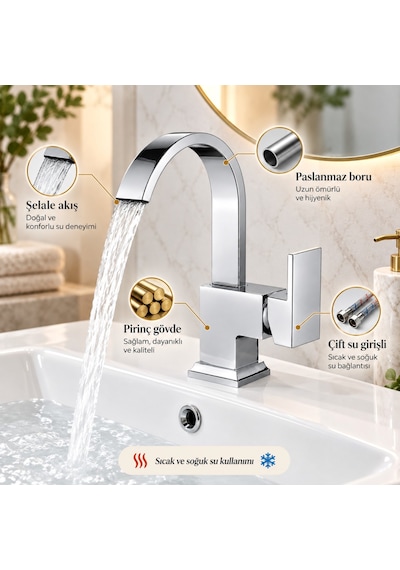 Sardıcı Şelale Lavabo Bataryası Krom Çift Su Girişli 5 Yıl Garantili