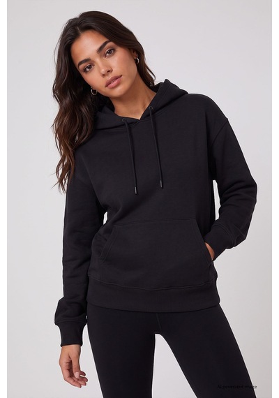 TOMMYLIFE Siyah Standart Kapüşonlu Kanguru Cepli Basic Kadın Sweatshirt - 97321