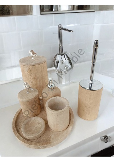 Sarı Traverten Klasik Model 7 Parça Gümüş Renk Japon Gülü Aksesuarlı Banyo Seti Sarı Traverten