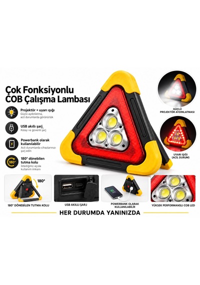 Hb-7709 2.000mah Çok Fonksiyonlu Cob Çalışma Lambası Usb Şarjlı Acil Durum Feneri Reflektör Güneş Enerjili Solar 180 Derece Dönebilen Tutma Kolu Powerbank Olarak Kullabilir Üçgen Park Lambası