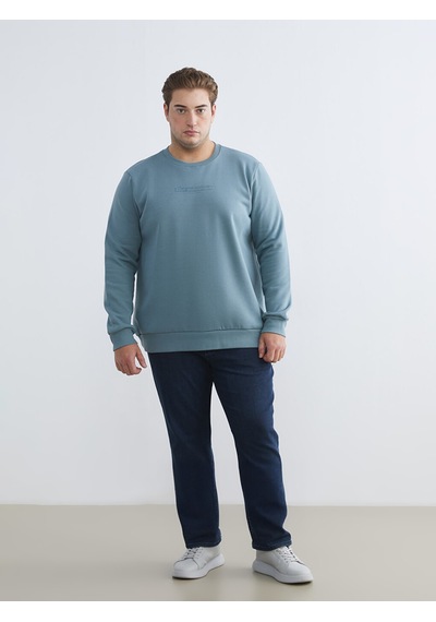 Lcwaıkıkı Classic İndigo Büyük Beden Bisiklet Yaka Baskılı Kalın Erkek Sweatshirt
