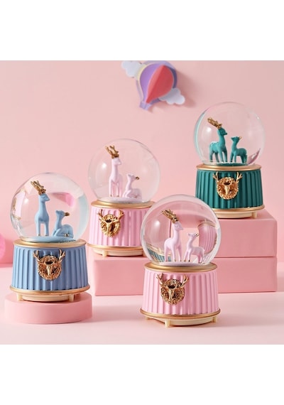 Pembe-geyikli Orta Boy Işıklı Müzikli Kar Küresi Ve Lotus Çiçeği