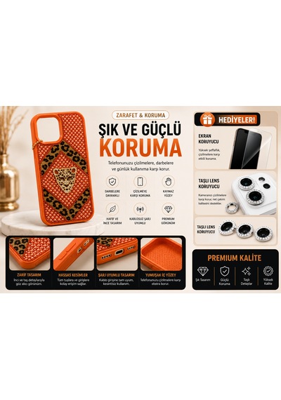 İphone 14 Pro Max Uyumlu Leopar Desenli İnci Taşlı Telefon Kılıfı + Taşlı Lens Koruyucu + Ekran Koruyucu Hediyeli A3