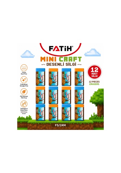 Fatih Mini Craft Desenli Silgi 12'li Set Tozsuz İz Bırakmaz Pvc İçermez Yumuşak Silgi