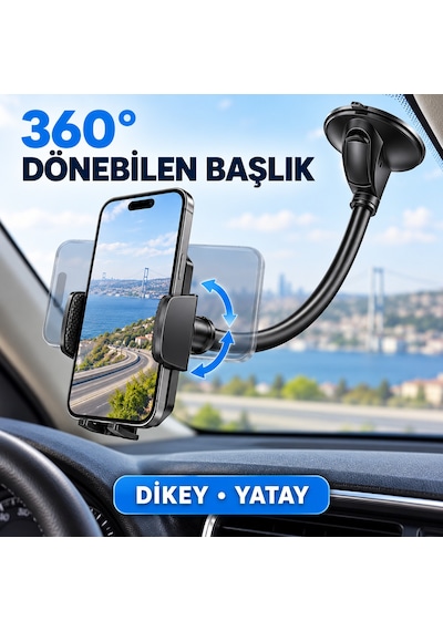 Dexxony Hp-a06 30 Cm Uzun Boyunlu Vakumlu Araç İçi Telefon Tutucu 360 Döner Başlık Siyah