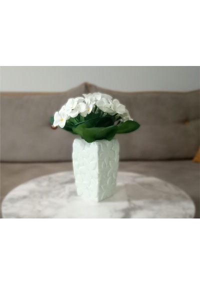 Vazoda Beyaz Yapay Çiçek Dekoratif Çiçekli Su Yeşili Vazo Dahil 7 x 7 x 17 CM