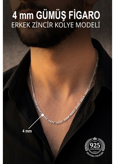 925 Ayar Gümüş Erkek Kolye 4 Mm Figaro Zincir St422