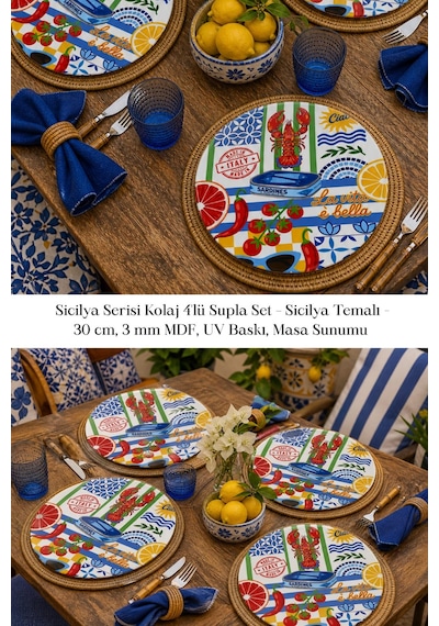 Sicilya Serisi Kolaj 4lü Supla Set 30 Cm Mdf Uv Baskı Çok Renkli