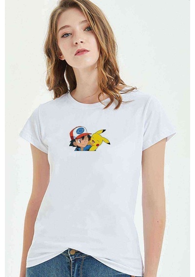 Pokemon Kül Ve Pikachu Pikachu Gülen Baskılı Beyaz Kadın Tshirt