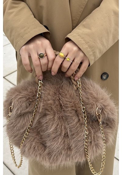 Mollycrush Kadın Camel Kürk Detaylı Zincirli Ve Örgü Saplı El Ve Omuz Çantası Yumuşak Peluş Kışlık Şık Baget Camel