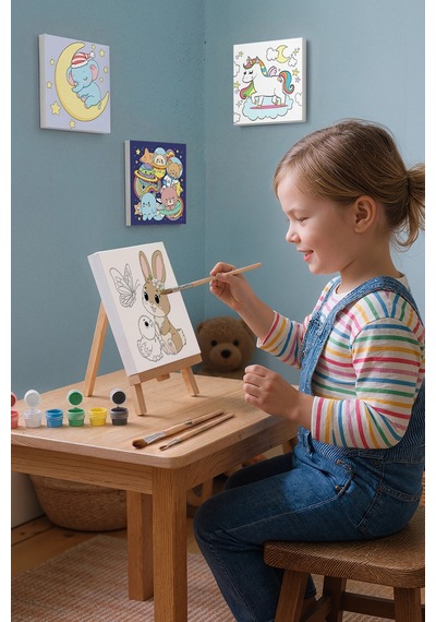 Sevimli Fil Temalı Çocuk Boyama Tuvali Şövaleli Eğitici Boyama Seti 20x20 Cm