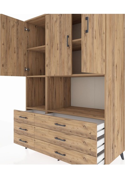 Kronos Dolap 6 Raflı 6 Çekmeceli 3 Kapaklı 132x59x195 Çam-çam/çam Atlas Çam/atlas Çam