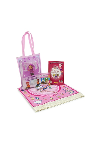 Çantalı Kuran Kursu Elif Ba Kitabı Çocuk Seccade İbadet Seti Pembe