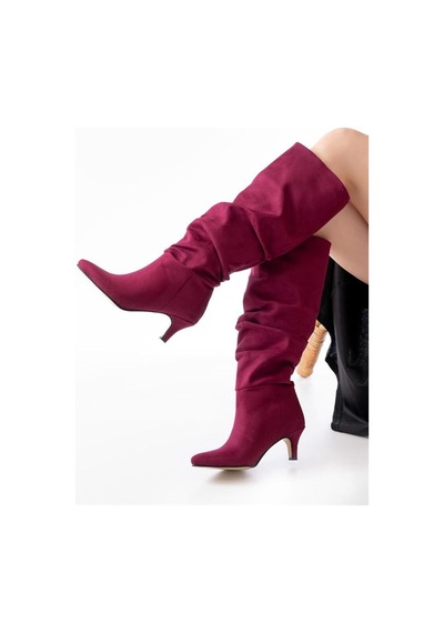 Alemdarshop Sr-2001 Bordo Süet İnce Topuklu Günlük Bayan Çizme Çok Renkli