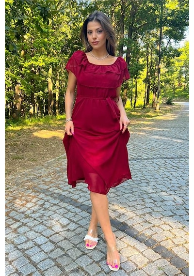 Neşeli Butik Kadın Bağlama Detaylı Madonna Yaka Yeni Sezon Şifon Elbise Nb8060 Bordo