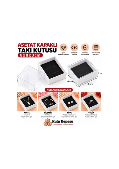 6x8x3 Cm Asetat Kapaklı Takı Kutusu - Beyaz Demonte 50 Adet