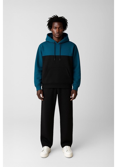 Markapia Erkek Kapüşonlu Cepli İçi Polarlı Parçalı Petrol Sweatshirt Mavi