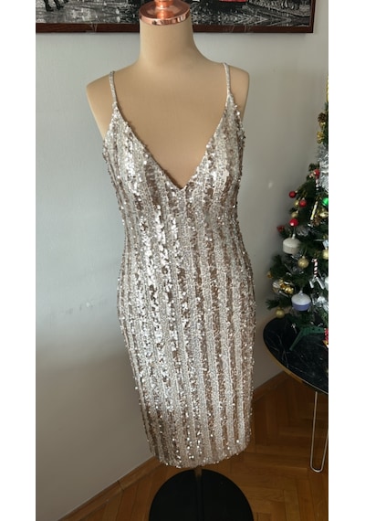 Chica Rosa Fashion Dore Işıltılı Pullu Askılı Midi Elbise