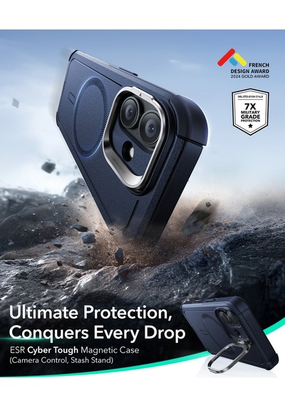 Esr Apple Uyumlu iPhone 17 Cyber Tough Manyetik Kılıf Kamera Kontrol Özellikli Stantlı Lacivert